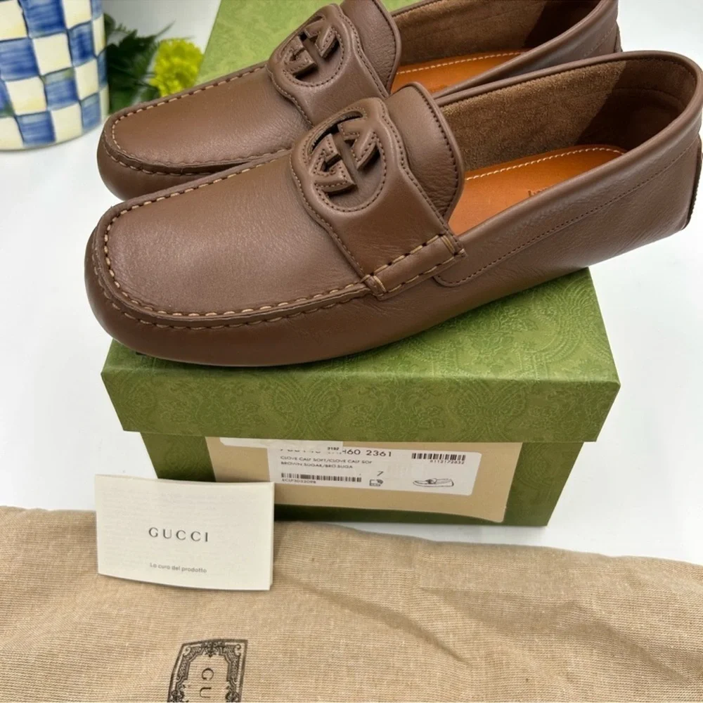 Men’s Gucci interlocking G leather driver loafers size 7 fits eight US